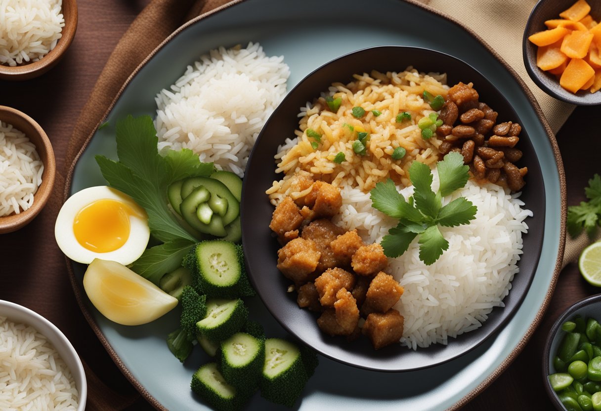 A simple white rice dish surrounded by various accompaniments and variations