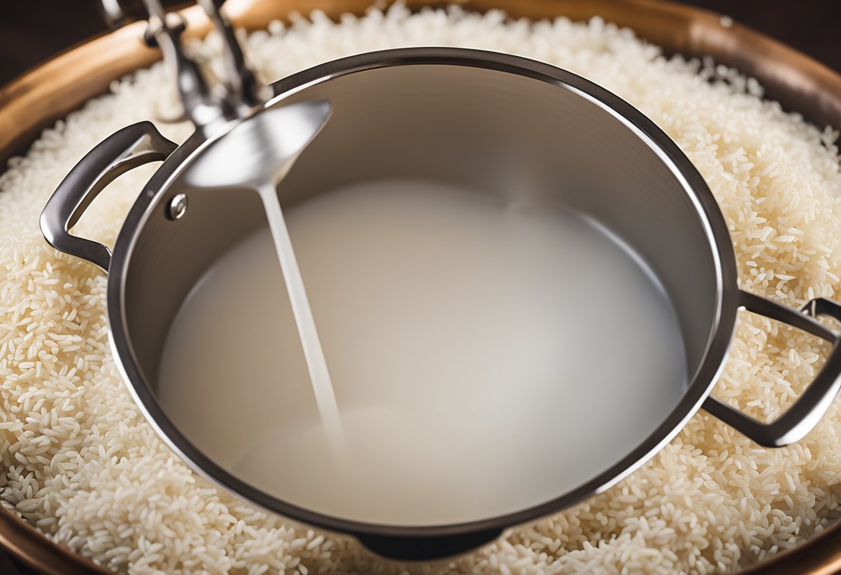 A pot of boiling water with rice grains being added and stirred